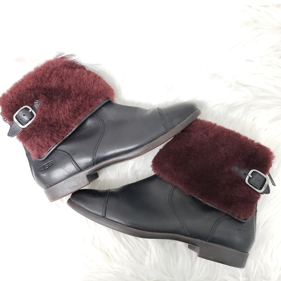 Ugg Inez Sherling Ankle Cuff Leather Boots in Black and Oxford Red Size 7 - Picture 6 of 14